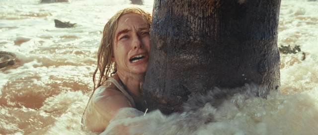 Thailand vacationer Maria Bennett (Naomi Watts) clings to a tree trunk for life amidst the deadly waves of the 2004 Indian Ocean tsunami.