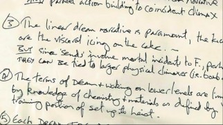 Old-fashioned hand-written notes plan the complicated dream visuals of "Inception" as this Extraction Mode focus point illustrates.