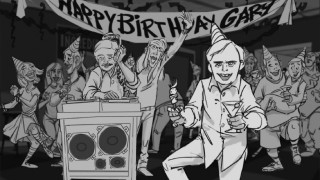 A cartoon rendering of Brad Bird gets down at a group birthday party for the Gary inside all of us.