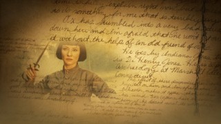 Colonel Doctor Irina Spalko (Cate Blanchett) wields a sword amidst Marion's letter to Mutt on the Crystal Skull Blu-ray menu.