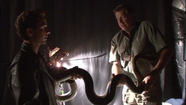 Animal wrangler Jules Sylvester introduces Shia LaBeouf to a snake co-star in "The Making of 'The Kingdom of the Crystal Skull."