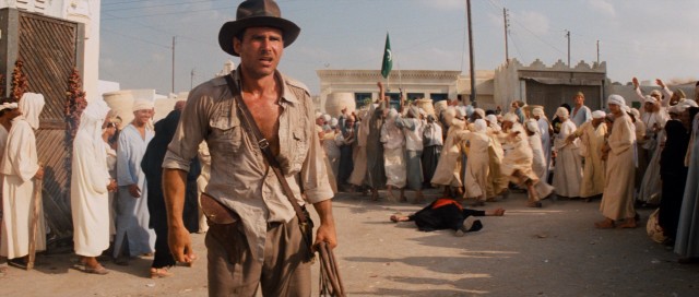 That great swordsman never stood a chance against the pistol of Indiana Jones (Harrison Ford).