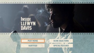The DVD's main menu remains fixed on Llewyn Davis performing with lit cigarette in mouth.