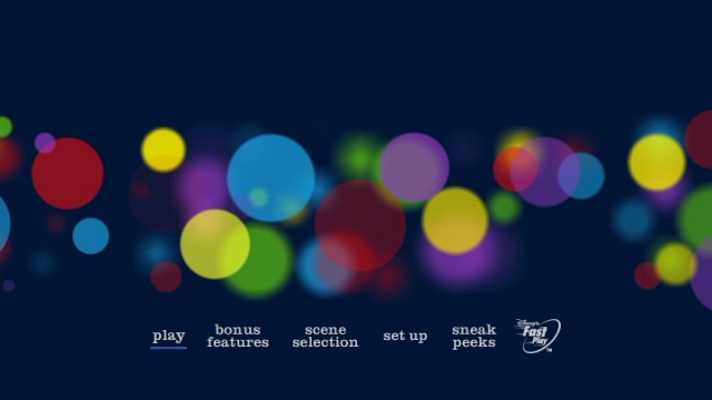 Inside Out's DVD and Blu-ray main menu distinguishes itself with understatement based on the end credits, as colored circles move across a navy screen.