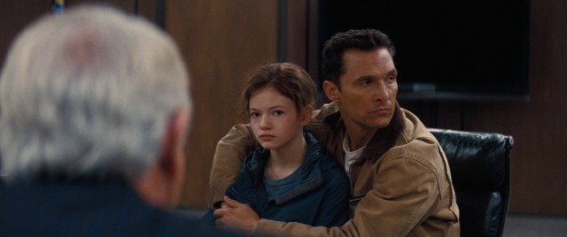 Following coordinates transmitted to them, farmer Cooper (Matthew McConaughey) and his 10-year-old daughter Murph (Mackenzie Foy) find themselves at NASA's secret headquarters.