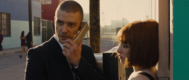 Fugitives Will Salas (Justin Timberlake) and Sylvia (Amanda Seyfried) call in their demands to a timekeeper on their trail.