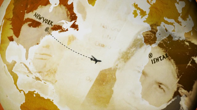Passport photos of Rogers & Clarke (Beatty & Hoffman) share the screen with a map depicting their journey from New York to the Middle East on the Ishtar Blu-ray Disc menu.