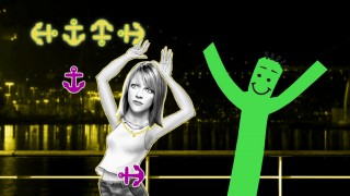 Sweet Dee (Kaitlin Olson) dances off against an inflatable car lot man in one of the trivia challenge mini-games.
