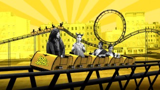 Mac (dressed as Viggo Morgenstein) and the McPoyles take their turn on the menu's roller coaster.