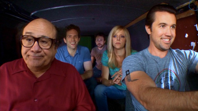 The It's Always Sunny gang (Danny DeVito, Glenn Howerton, Charlie Day, Kaitlin Olson, and Rob McElhenney) finds themselves in a familiar situation, as Charlie is about to reveal that as wild card, he's cut the brakes on their van.