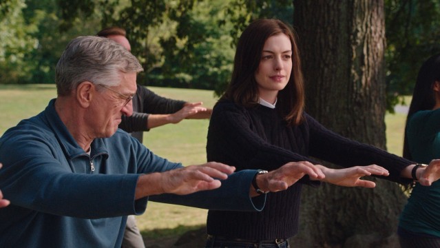 "The Intern" inexplicably ends with Jules (Anne Hathaway) joining Ben (Robert De Niro) at his outdoor tai chi class.