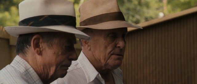 Two old men (John Hurt and Robert Duvall) married to the same woman at different times bring different expectations for a Hollywood star's death vehicle in "Jayne Mansfield's Car."