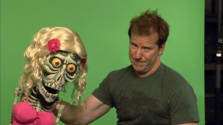 Jeff Dunham is photographed with Achmed in the American woman costume he wears in the special.