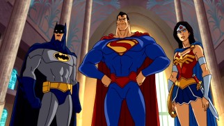 The Justice League's big three (Batman, Superman, Wonder Woman) view their time-traveling intruders with understandable suspicion.