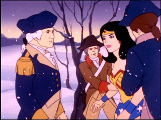 George Washington takes a break from crossing the Delaware to have his Continental Army arrest Wonder Woman in the 1980 bonus episode "Super Friends: Elevator to Nowhere."