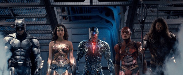 Batman (Ben Affleck), Wonder Woman (Gal Gadot), Cyborg (Ray Fisher), The Flash (Ezra Miller), and Aquaman (Jason Momoa) form the Justice League in "Justice League."