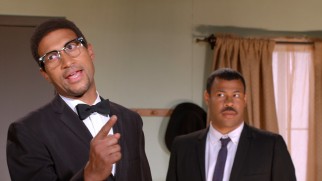 Malcolm X (Key) and Martin Luther King Jr. (Peele) vie for audience approval in the two-act community theatre play "Lunch with Greatness."