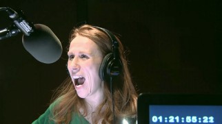 Catherine Tate enthusiastically records lines for the sheep Nora in "A Great Partnersheep."