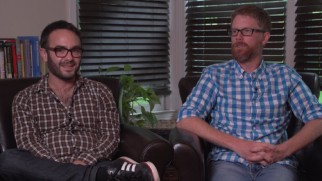 Bearded friends and co-writers John Krokidas and Austin Bunn answer questions in plaid.