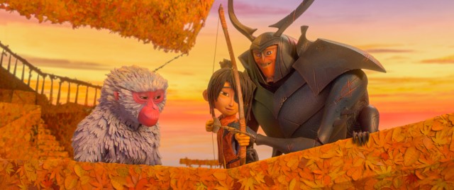 Beetle teaches Kubo how to fish with a bow and arrow aboard the Origami ship the boy created.