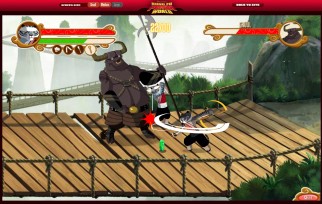 My new online friend (the gray tigress) and I (the blue tiger) take on Gruul the minotaur in one of many multi-player Kung Fu Panda World adventures.