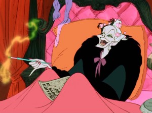 In bed, Cruella laughs at the news of others' misfortune in Disney's "101 Dalmatians", now back on DVD.