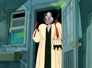 Cruella De Vil appears at the Radcliffs' door with green smoke emitting from her cigarette holder and an appropriate lightning clap.