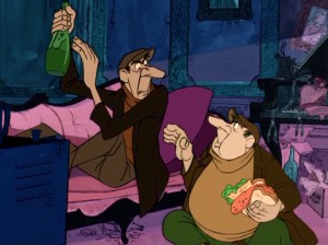 Jasper and Horace act out with booze and sandwiches while they're supposed to be supervising the 99 stolen dalmatian puppies at Cruella's Hell Hall.