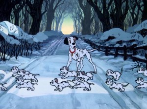 Pongo oversees as his pups and their new friends cross a snowy English road.