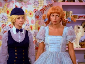 While employed at a children's bookstore, Laverne and Shirley are thrilled with their work uniforms.