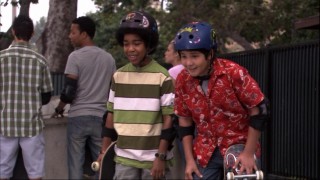 Luke's friends A.J. (Jon Kent Ethridge) and Riley (Eli Vargas) offer approving smiles while trying to hide their embarrassment at Luke's latest fall in the skate park.
