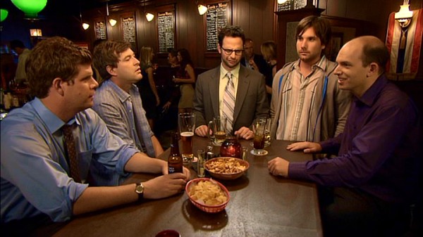 At their favorite bar, the guys of "The League" (left to right: Stephen Rannazzisi, Mark Duplass, Nick Kroll, Jon LaJoie, and Paul Scheer) discuss the distinctions of their friendship.