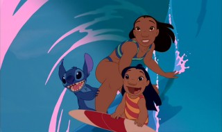 Lilo, Stitch, and Nani are flying high on a Hawaiian roller coaster ride in this surfing montage shot.