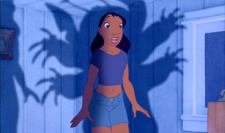 Stitch's silhouette, extra limbs and all, is a towering wall presence thanks to the light in the refrigerator. Hence, Nani's surprised reaction.