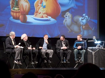 Renowned animation historian/animator John Canemaker (far left) hosts a discussion panel before the screening, with (from left) Stan Freberg, Richard Sherman, Theo Gluck, and Andreas Deja.