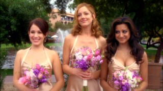 Jennifer (Marla Sokoloff), Gravy (Judy Greer), and Polo (Noureen Dewulf) smile in the bridesmaid dresses they wear for the in the inevitable sunny outdoor wedding scene.
