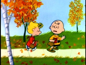 Charlie Brown listens to his sister Sally's locker complaints while walking to school in the fall. Still from Paramount's 2000 DVD - click to view screencap in full 720 x 480.