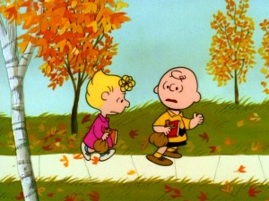 Charlie Brown listens to his sister Sally's locker complaints while walking to school in the fall. Still from Warner's 2008 DVD - click to view screencap in full 720 x 480.