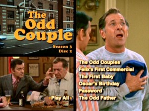 Disc Two's main menu features Oscar singing "The Star Spangled Banner"	 while Felix dunks his watch into a glass of beer.