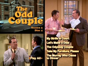 The Odd Couple live up to their name by eating without furniture while Oscar is about to smash Felix's face on Disc 4's main menu.