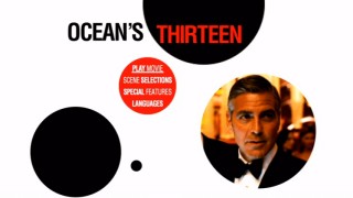 A bowtied Danny Ocean is among the circular sights encountered on the sleek animated Ocean's Thirteen DVD main menu.