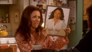 Self-centered divorce Christine Campbell (Julia Louis-Dreyfus) longingly holds a photo depicting what she'd look like with cosmetically-enhanced lips and breasts.