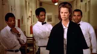 Nurse Ratched (Louise Fletcher) shows her angry face in the messy aftermath of a wild, unauthorized ward party.
