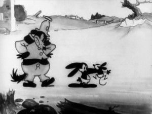 Oswald is caught in the act of mouse abuse by a much larger animal in the war short "Great Guns!"