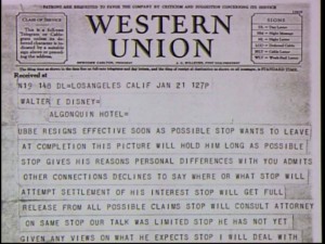 Walt Disney passes along bad news to his brother Roy via Western Union telegraph: Ub Iwerks resigns from the Disney studio.