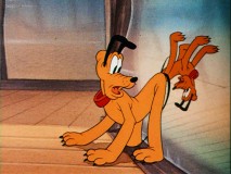 Pluto goes butt-to-butt with his own upside-down reflection in the visually imaginative bonus short "Bone Trouble."