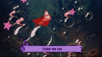 A lavender lyrics bar aids singing along on four numbers in Disney Song Selection.