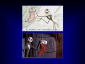 Jack demonstrates stocking-hanging in this Storyboard-to-Film Comparison, which as usual -- wait, they're different! One's reversed. Good thing they caught the folly of having Jack hold that stocking to his right!