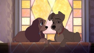 Lady and Tramp use some of their limited screentime to mope in front of a familiar stained glass window.