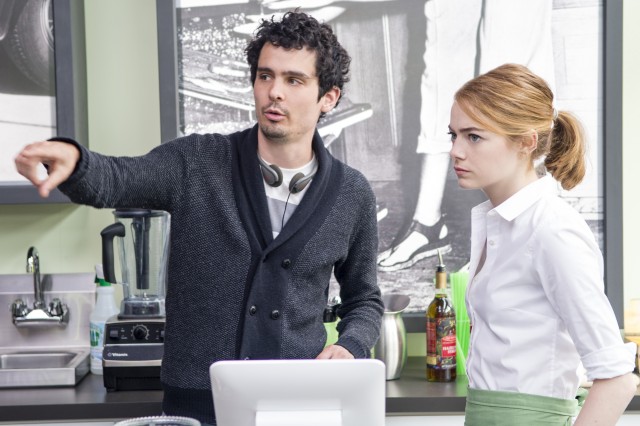 Damien Chazelle directs Emma Stone on the set of "La La Land."